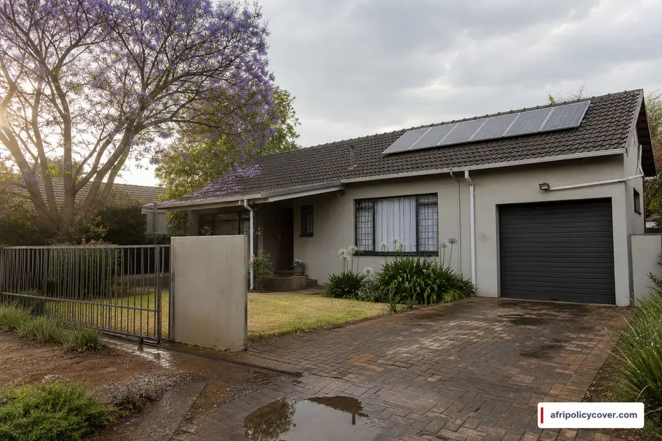Rain-washed South African suburban home with a tiled roof, security gate, gutters and rooftop solar panels
