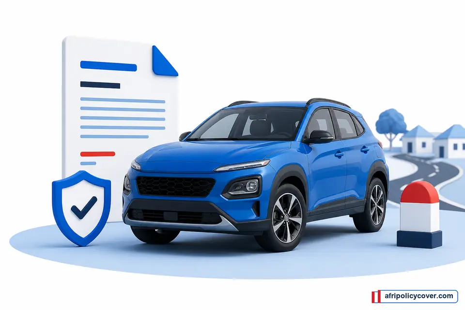 Blue SUV, policy document and shield illustrating car insurance in South Africa