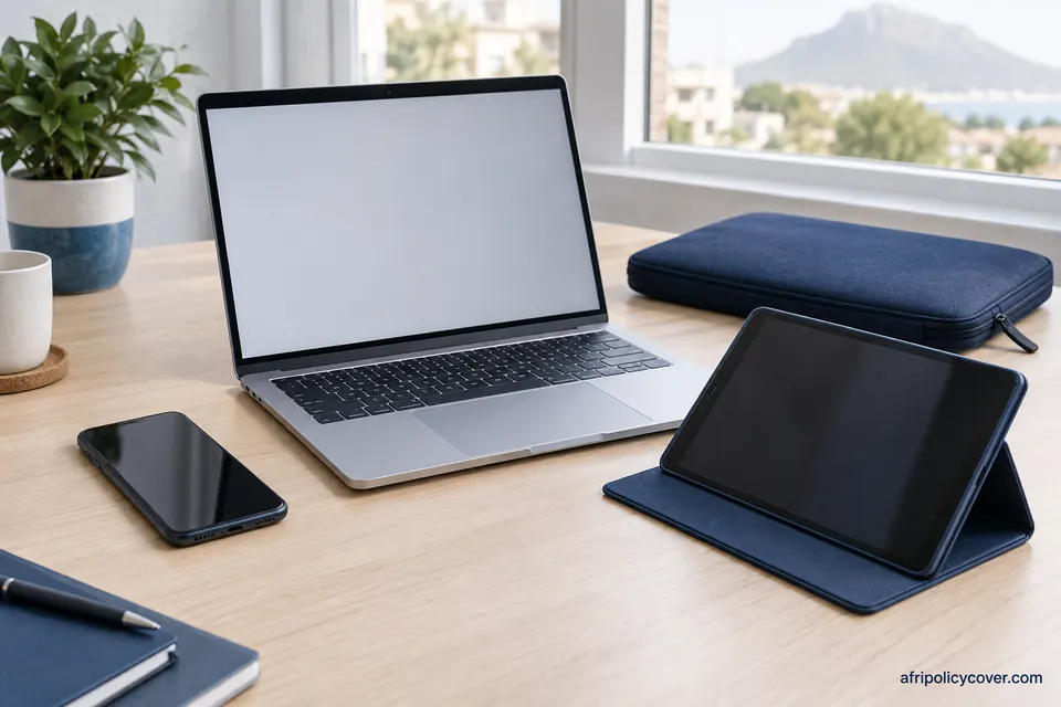 Separate smartphone, laptop and tablet arranged on a desk with a protective sleeve