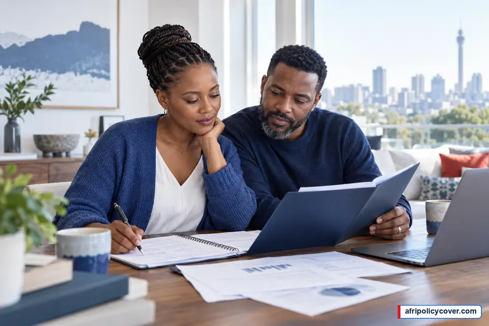 South African couple reviewing a recovery budget and illness policy wording at home
