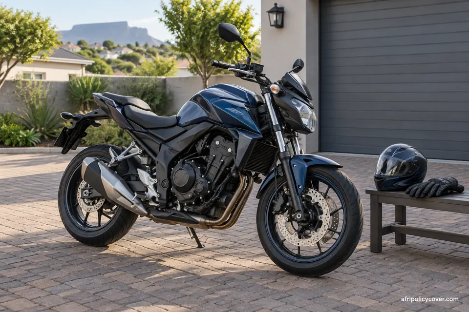Parked road motorcycle with a separate helmet and gloves in a South African driveway