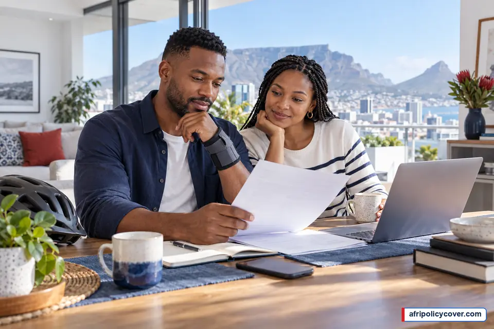 South African couple checking accident benefit wording at home during a wrist injury recovery