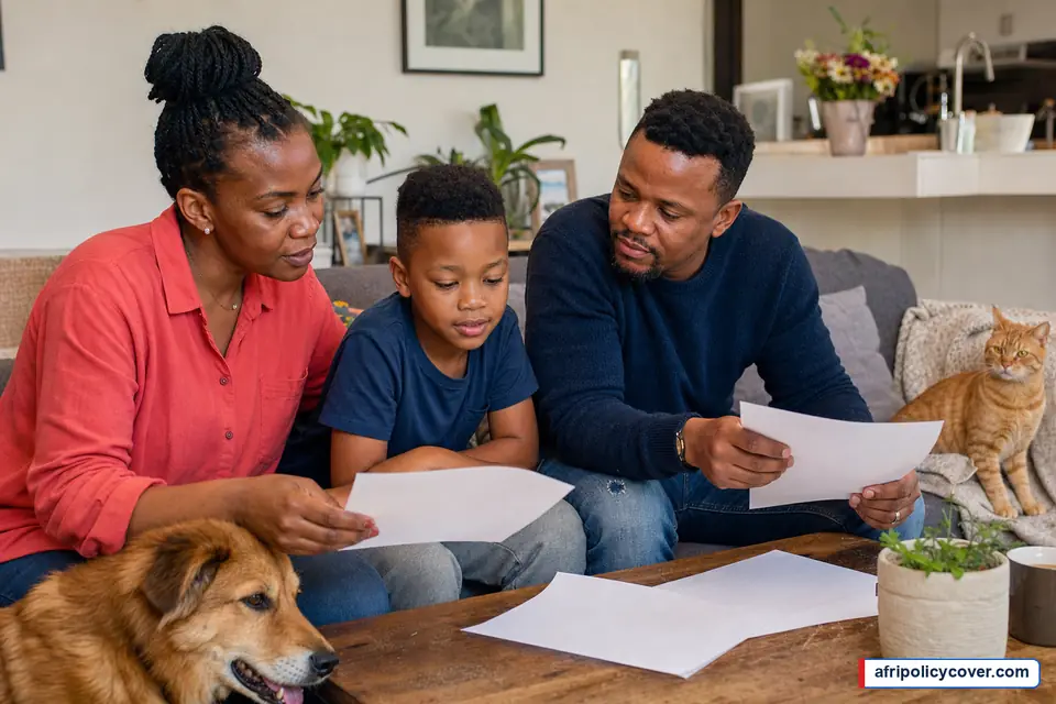 South African family reviewing pet insurance at home with their dog and cat