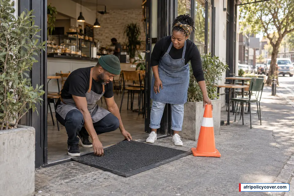 Johannesburg café workers checking an entrance mat and safety cone before opening