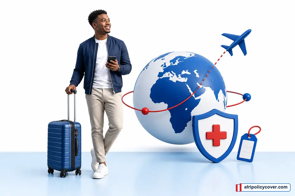 South African traveller with luggage, globe and travel medical insurance shield