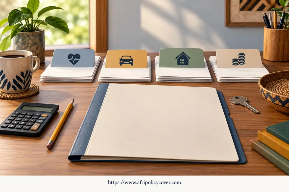 Four separate folders for care, car, home and income decisions on a household desk