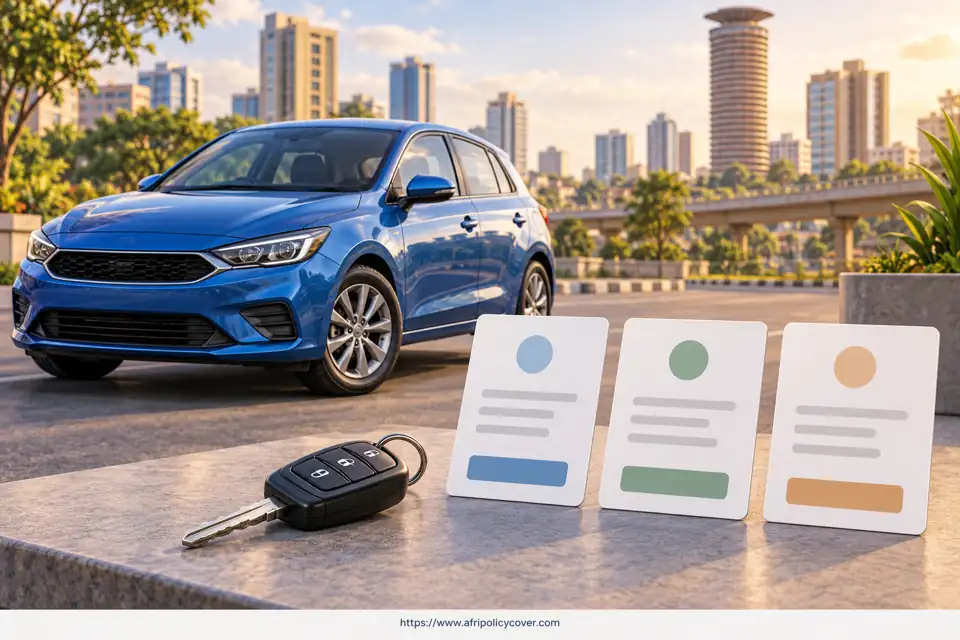 Conceptual blue car, key and three blank cover cards against a Kenya-inspired city backdrop