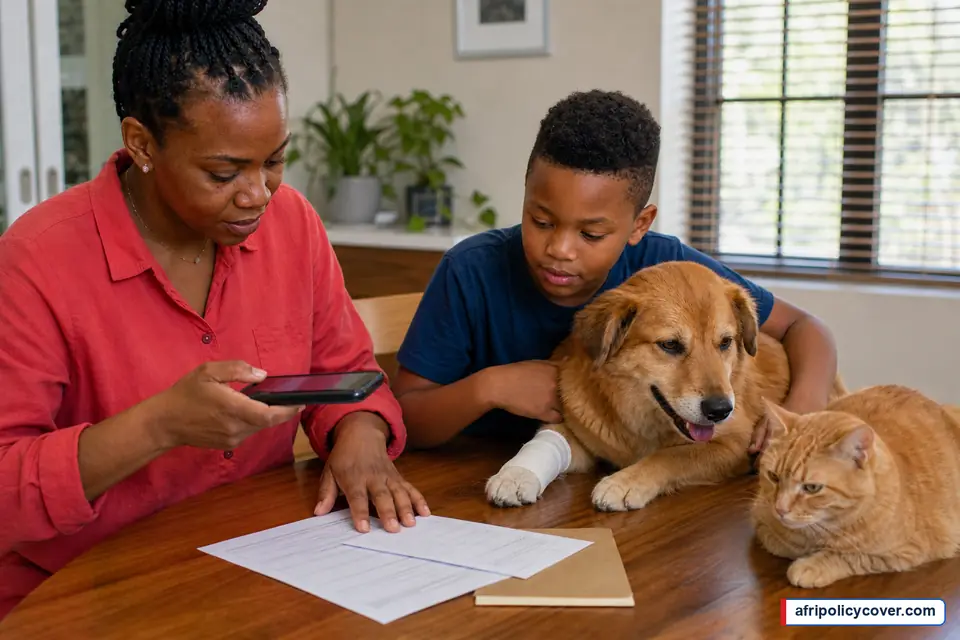 South African family keeping a vet invoice and claim evidence while their dog recovers