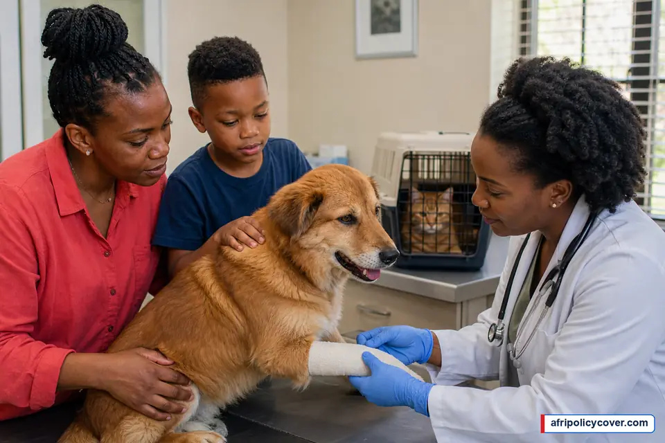 South African mother and child speaking to a veterinarian about their dog's injured paw